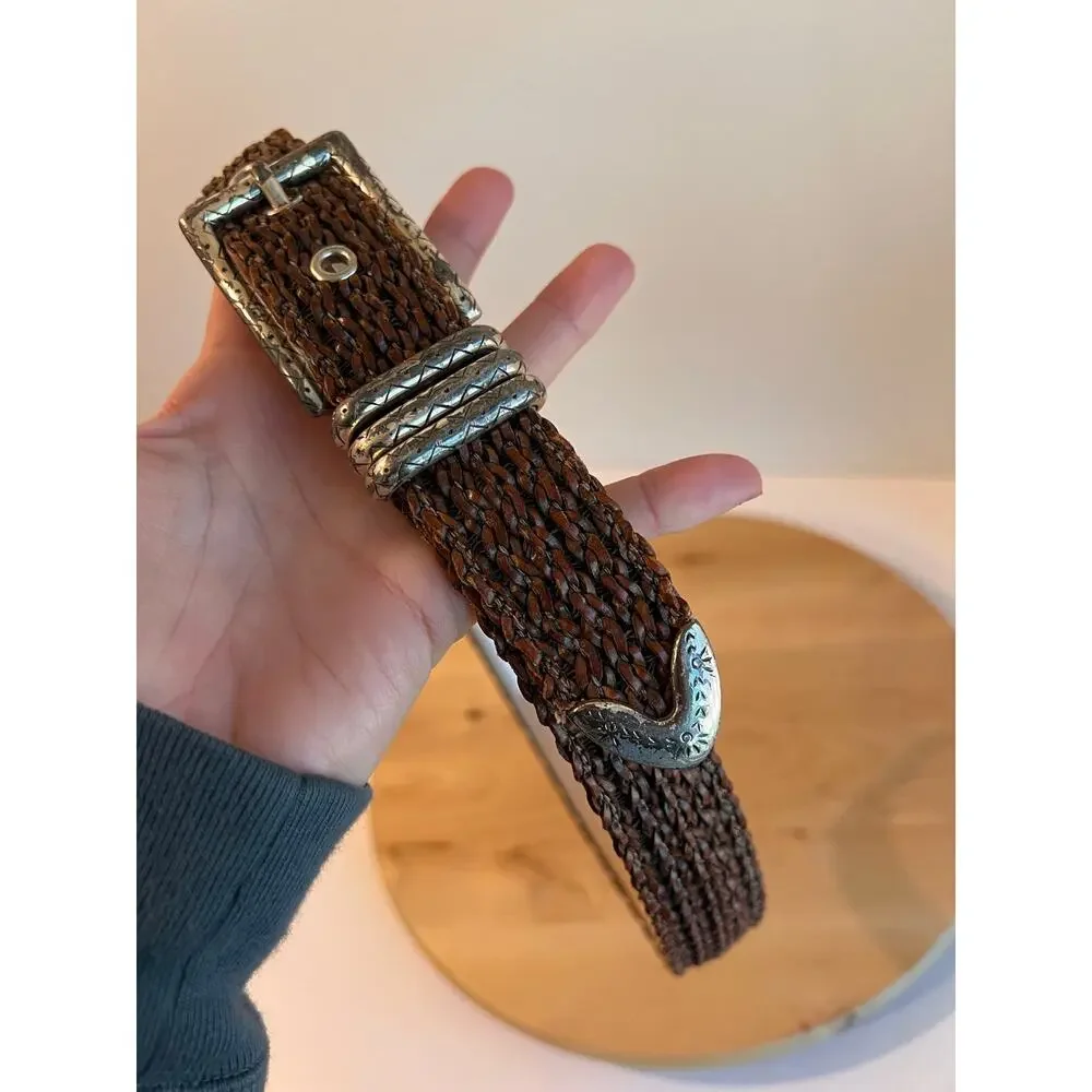 Vintage Woven Brown Barbara & Co Genuine Leather Silver Tipped Belt Size Medium